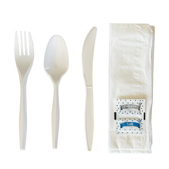 BOARDWALK 6COMBOKITPP Six-Piece Cutlery Kit, Mediumweight, Fork/Knife/Napkin/Pepper/Salt/Spoon, 5.86", Plastic, White, 250/Carton