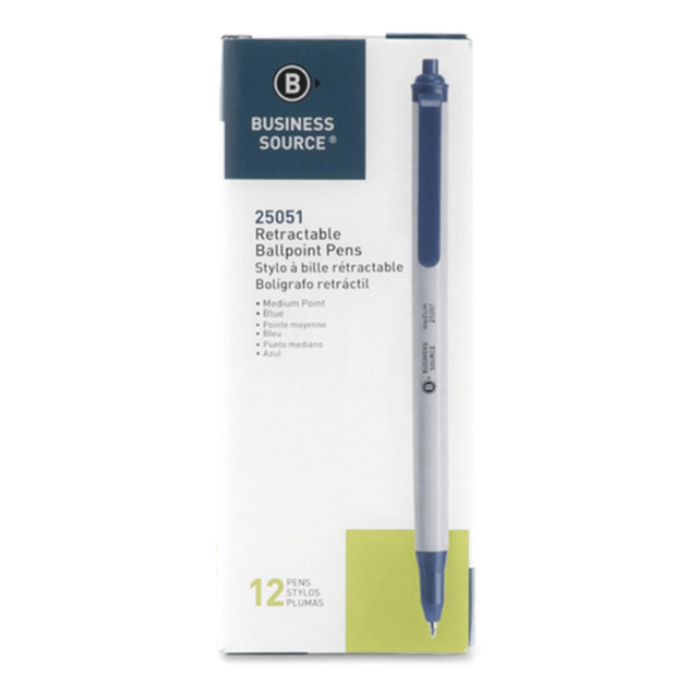 SP RICHARDS Business Source 25051  Retractable Ballpoint Pens - Medium Pen Point - Retractable - Blue - Gray Barrel - 1 Dozen