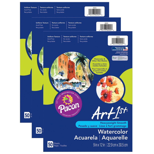EDUCATORS RESOURCE PAC4925-3 Pacon UCreate Watercolor Paper, 9in x 12in, White, 50 Sheets Per Pack, Set Of 3 Packs EDUCATORS RESOURCE PAC4925-3 Pacon UCreate Watercolor Paper, 9in x 12in, White, 50 Sheets Per Pack, Set Of 3 Packs