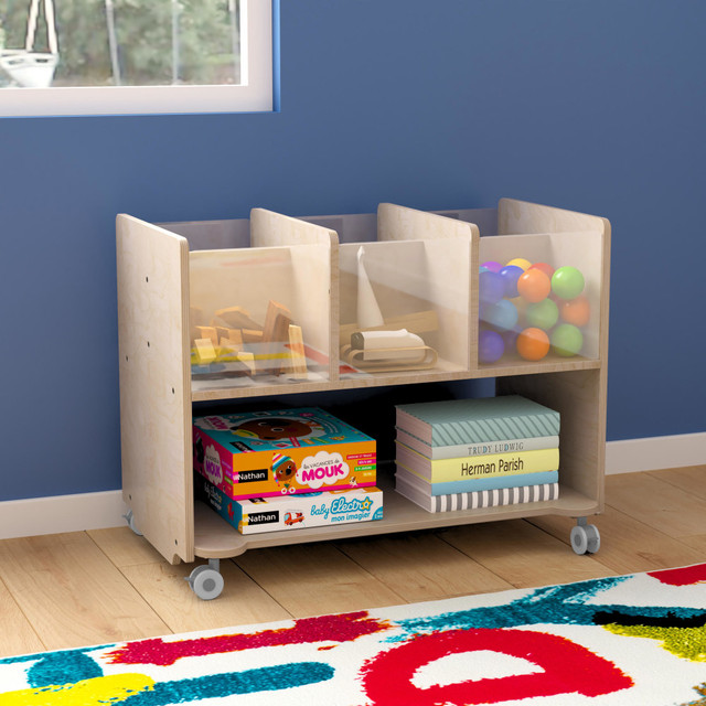 Keep your classroom clutter-free with help from the Flash Furniture Bright Beginnings Commercial Double-Sided Space Saving Wooden Mobile Storage Cart With Locking Casters. A variety of open compartments and storage bins encourage students to put away books, games and toys neatly.  Made from engineered birch plywood.  Resists yellowing, stains and scratches.  Rounded edges help to prevent abrasions from accidental contact.  Features 6 clear compartments and a lower shelf.  Locking caster wheels for safety.  Wipe clean with a damp cloth.  Weight capacity tested to support 200 lb.  Assembly required.  Backed by the manufacturer's 3-year limited warranty.