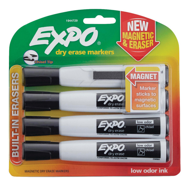 NEWELL BRANDS INC. 1944729 EXPO Magnetic Dry Erase Markers With Eraser, Chisel Tip, Black Ink, Pack Of 4 NEWELL BRANDS INC. 1944729 EXPO Magnetic Dry Erase Markers With Eraser, Chisel Tip, Black Ink, Pack Of 4
