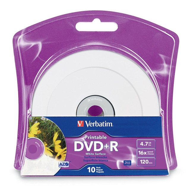 VERBATIM AMERICAS LLC 96940 Verbatim DVD+R 4.7GB 16X White Inkjet Printable with Branded Hub - 10pk Blister - Inkjet Printable