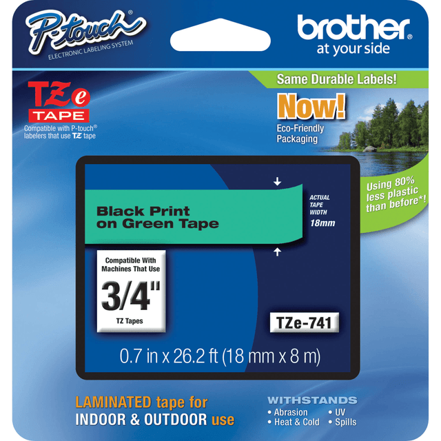 BROTHER INTL CORP TZE741 Brother TZe-741 Black-On-Green Tape, 0.75in x 26.2ft