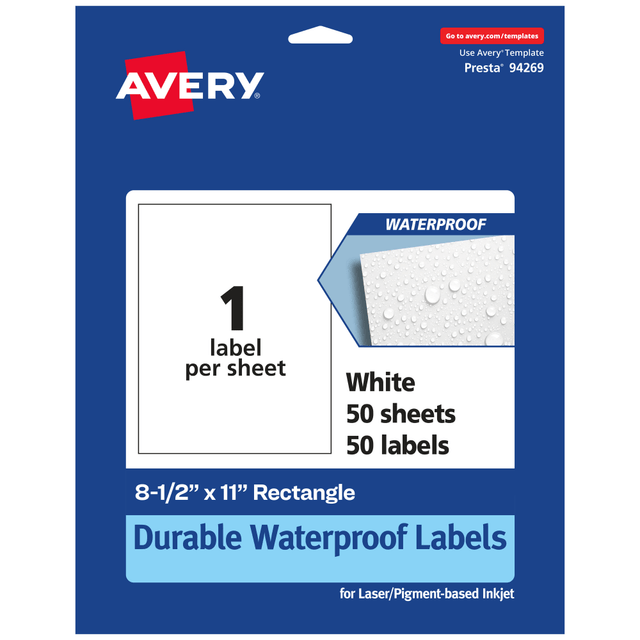 AVERY PRODUCTS CORPORATION 94269-WMF50 Avery Waterproof Permanent Labels, 94269-WMF50, Rectangle, 8-1/2in x 11in, White, Pack Of 50