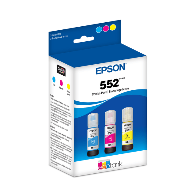 Compatible Epson models: ET : EcoTank ET-8500, EcoTank Photo ET-8500, EcoTank Photo ET-8550.  .  Produce print-shop-quality photos and brochures in your office with Epson Claria ET Premium T552 High-Yield Color Combo Ink Bottles. Each bottle boasts extremely pigmented color.  Professional-quality results.  Produces sharp text and brilliant colors.  Keyed for easy filling.  Compatible with select printer models.  Helps Avoid Waste - Designed for extended use, helping reduce or eliminate material use and potentially save money.  Recycling solution - designed to encourage recycling, helping you divert materials from landfill.