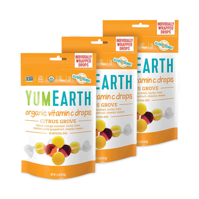 ADVANTUS CORPORATION YumEarth 27000029 Organic Vitamin C Citrus Grove Drops, 3.3 oz Bag, Assorted Flavors, 3/Pack