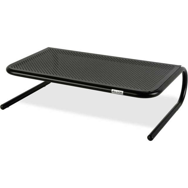 The Metal Art Large Monitor Stand features a unique design that organizes your workspace while providing valuable storage space underneath for your keyboard, laptop, or office supplies. The stand has a vented platform surface for passive airflow to keep your devices cool.  Clean modern design raises your monitor 5.25 in to a comfortable and ergonomically correct viewing height to reduce neck strain.  Great for monitors, laptops, printers, TVs, gaming consoles, DVD players, stereos up to 50 lbs/18 kg.  Unique design allows for keyboard to slide underneath platform, keeping it out of the way when not in use.  Made of powder coated steel with perforated hole pattern for passive airflow. Keeps your electronics cool.  Non-skid protective feet will not scuff furniture.  Great accessory for standing desks to ensure healthy ergonomic posture.