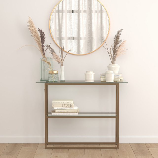 FLASH FURNITURE NANJH1796ST  Glass Console Table, 32inH x 43-1/4inW x 13-3/4inD, Clear/Matte Gold