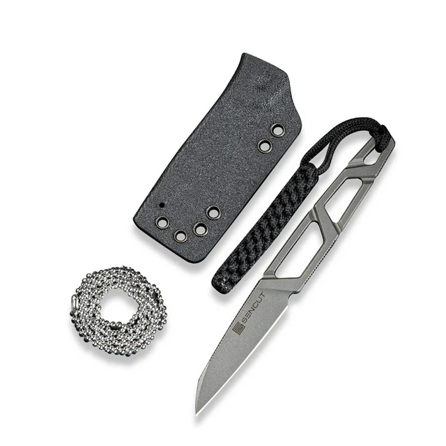 SENCUT S23095-2 TEXO Fixed Blade Neck Knife 1.97"" Stonewash 9Cr18MoV Reverse Tanto Plain Edge Blade, Skeletonized Handle & Kydex Sheath