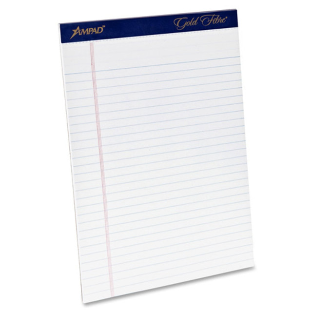 Perforated pad is ideal for office and home use.  Watermarked paper will not bleed through.  Dark blue binding at top is stapled and glued.  Extra-thick, chipboard back offers stiff support when writing.  Sheets are microperforated for clean separation.  Pad contains 50 legal/wide-ruled sheets of 20 lb white paper.  Each letter-size sheet has 11/32in line spacings and a 1-1/4in left margin.