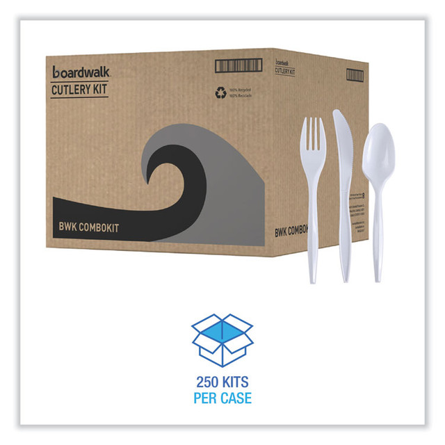 BOARDWALK COMBOKIT Three-Piece Cutlery Kit, Fork/Knife/Teaspoon, Polypropylene, White, 250/Carton