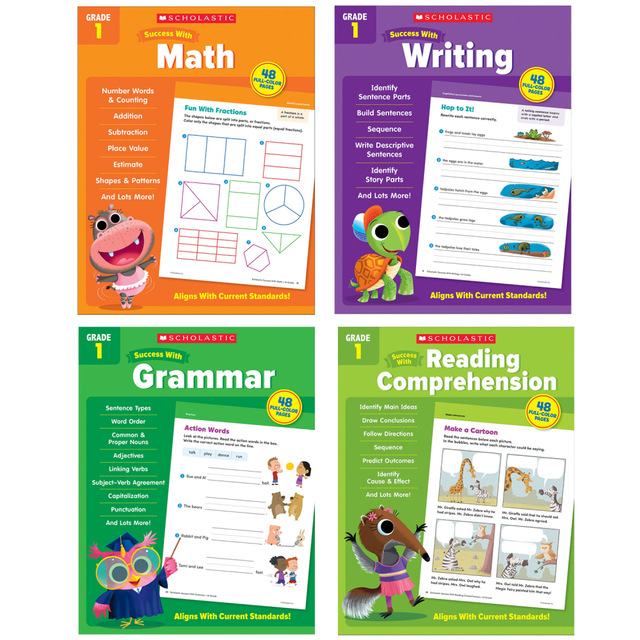 Give your little learners the Scholastic Teacher Resources Grade Success Workbooks to help them succeed. Each book contains 40 easy-to-follow activities that help engage youngsters and reinforce important ideas.  Helps students learn important classroom skills.  Each book offers 40 interactive activities to reinforce the lessons.  Includes Success with Grammar, Success with Math, Success with Reading Comprehension and Success with Writing workbooks.