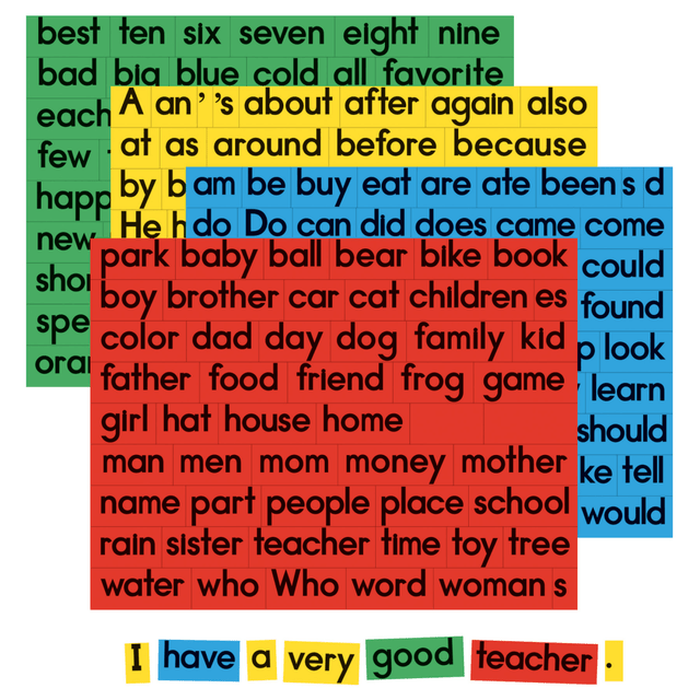 Make a magnet sentence with these Dowling Magnets Sentence Building Magnets. This set of magnets includes 270 words, 16 punctuation marks and an activity booklet.  Includes 270 words, 16 punctuation marks, 6 blanks and an activity booklet.  Color-coded by part of speech.  Practice sentence construction, parts of speech, related writing concepts, punctuation and more.