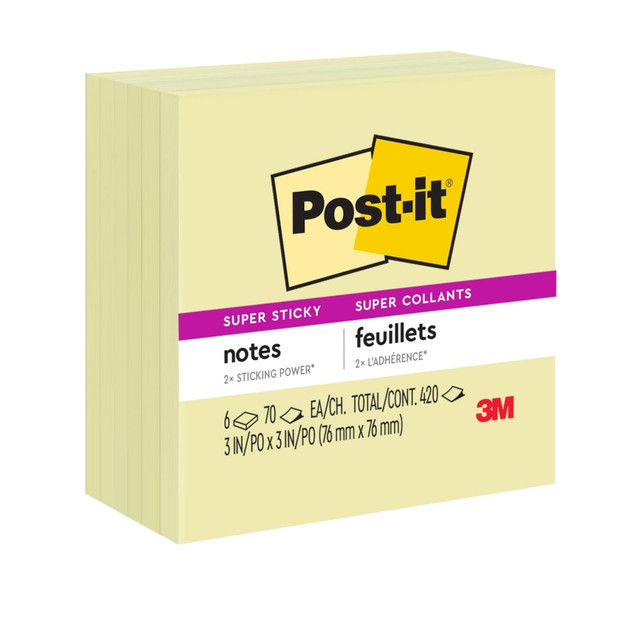 3M CO 654-6SSCY Post-it Super Sticky Notes, 6 Pads, 3 in x 3 in, 2x the Sticking Power, School Supplies and Office Products, Sticky Notes for Vertical Surfaces, Monitors, Walls and Windows, Canary Yellow