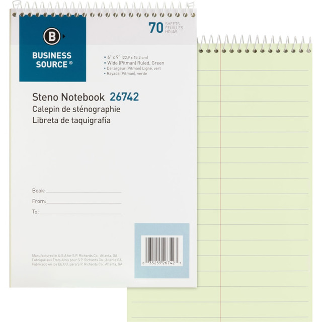 SP RICHARDS 26742 Business Source Steno Notebook - 70 Sheets - Wire Bound - Pitman Ruled Margin - 6in x 9in Sheet Size - Green Paper - Stiff-back - 1 Each