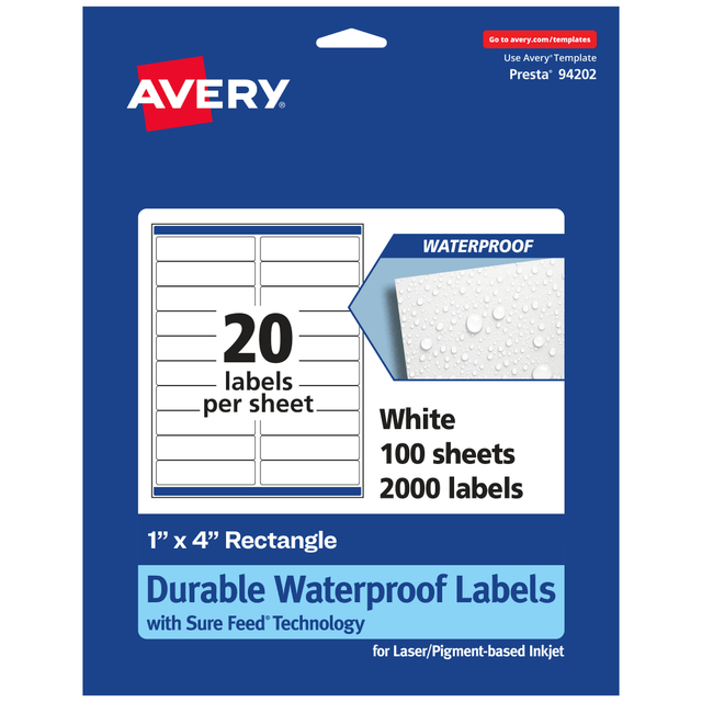 AVERY PRODUCTS CORPORATION 94202-WMF100 Avery Waterproof Permanent Labels With Sure Feed, 94202-WMF100, Rectangle, 1in x 4in, White, Pack Of 2,000 AVERY PRODUCTS CORPORATION 94202-WMF100 Avery Waterproof Permanent Labels With Sure Feed, 94202-WMF100, Rectangle, 1in x 4in, White, Pack Of 2,000