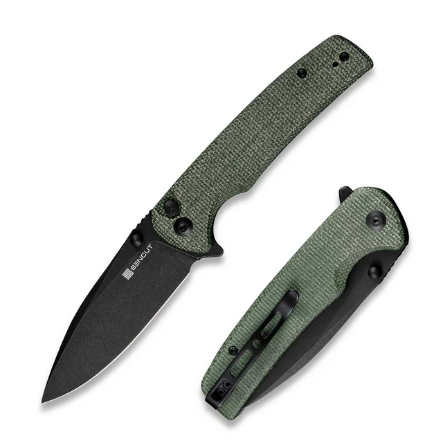 SENCUT S21007-2 Sachse Flipper/Thumb Stud Folding Knife 3.47"" Black 9Cr18MoV Drop Point Plain Edge Blade, Green Micarta Handle SENCUT S21007-2 Sachse Flipper/Thumb Stud Folding Knife 3.47"" Black 9Cr18MoV Drop Point Plain Edge Blade, Green Micarta Handle