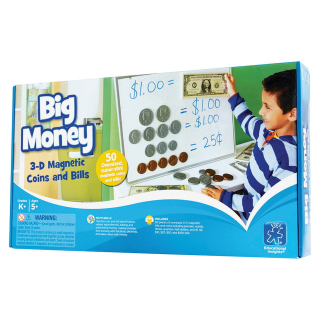Realistic-looking magnets offer an easy way to introduce currency into your lesson plans  50-piece set includes pennies, nickels, dimes, quarters and half-dollars, as well as bills ranging from $1 to $100 and an 8-page activity booklet.  Makes it easy to demonstrate money math, including operations and making change.  Magnetic backing mounts to most metal surfaces for use with whiteboards and more.  Oversize coins are 2 1/2 times larger and bills are 1 1/2 times larger than actual size, offering a great view for the entire class.  Designed for students in kindergarten to grade 5.  Choking Hazard - Not suitable for children 3 years and under.
