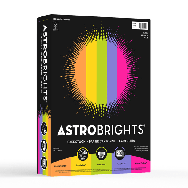 NEENAH PAPER INC 21004 Astrobrights Color Card Stock, Happy Assortment, Letter (8.5in x 11in), 65 Lb, Pack Of 250