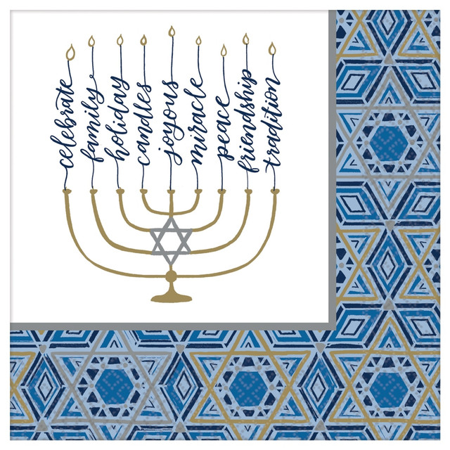 AMSCAN 822623  Hanukkah Festival Of Lights 2-Ply Dinner Napkins, 8in x 8in, Blue, Pack Of 72 Napkins