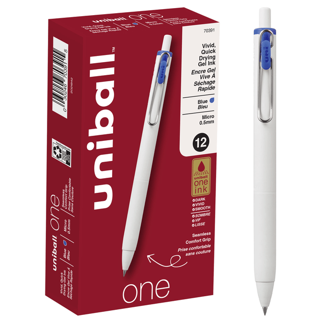 MITSUBISHI PENCIL COMPANY, LTD. 70391 Uni-Ball One Retractable Gel Pens, Micro Point, 0.5 mm, White Barrel, Blue Ink, Pack Of 12 Pens MITSUBISHI PENCIL COMPANY, LTD. 70391 Uni-Ball One Retractable Gel Pens, Micro Point, 0.5 mm, White Barrel, Blue Ink, Pack Of 12 Pens