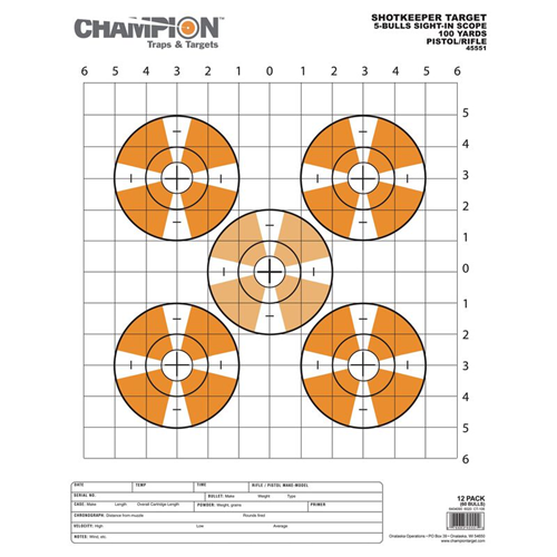 Champion Targets 45551 Champion Targets 45551 Shot Keeper 5 Bullseye Sight-In 100 Yard Pistol/Rifle Targets, Orange, Large, 12 Pack