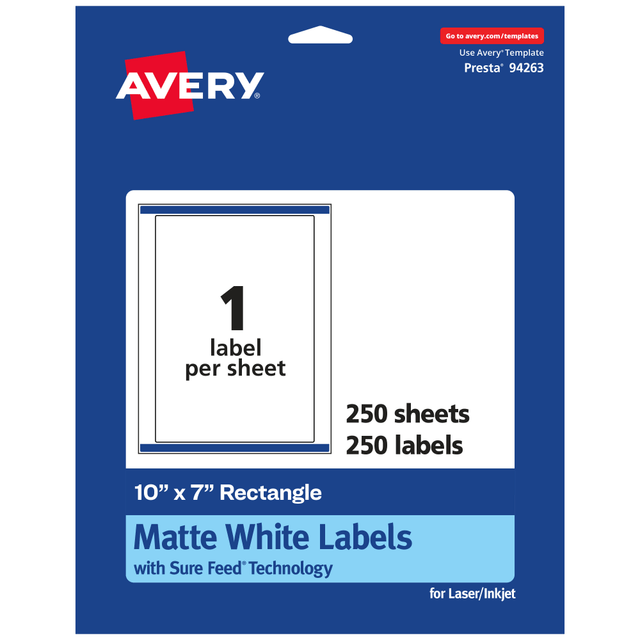 AVERY PRODUCTS CORPORATION 94263-WMP250 Avery Permanent Labels With Sure Feed, 94263-WMP250, Rectangle, 10in x 7in, White, Pack Of 250 AVERY PRODUCTS CORPORATION 94263-WMP250 Avery Permanent Labels With Sure Feed, 94263-WMP250, Rectangle, 10in x 7in, White, Pack Of 250