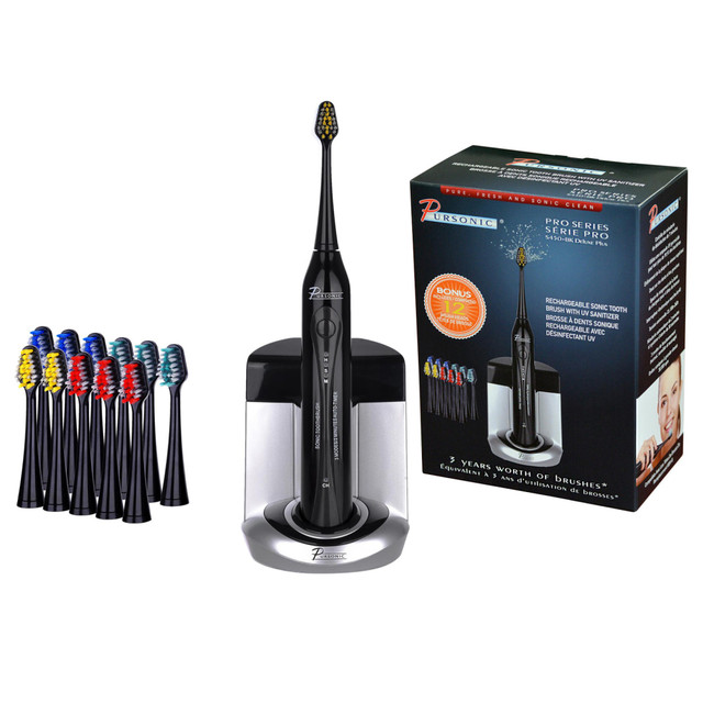 BUDOFF OUTDOOR FURNITURE, INC. 99596772M Pursonic Sonic Toothbrush With UV Sanitizing Function With 12 Brush Heads, Black