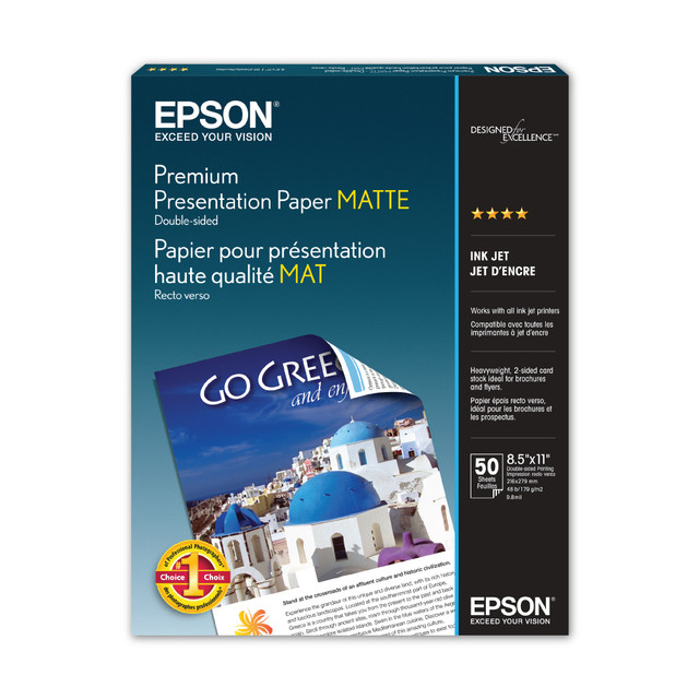 Using high-quality paper for your next presentation can leave a good impression. This Epson paper is coated on both sides for crisp double-sided printing.  Special surface resists ink show-through. Both sides of this double-side matter paper are ready for superior inkjet printing! That means you will get faster drying times and sharp text and graphics top and bottom. Your pages will absorb just the right amount of ink, colors will adhere evenly. Matte finish reduces glare.  Premium 103 brightness makes images pop. Stand back and watch the enthusiastic reception your projects get on this dazzling bright paper. Text and images come alive, with darker blacks and more vibrant colors.  Extra-heavy 47-lb premium presentation and photo paper is strong and durable. This thick, sturdy stock resists tearing and creasing, and holds up to wear and tear. Perfect for flyers, brochures, newsletters - any project where extra strength is an asset. High opacity means you will never get ink show-through on this top-quality paper.