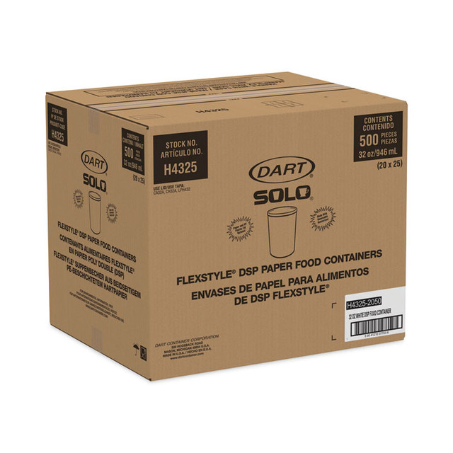 DART SOLO® H4325U Flexstyle Double Poly Paper Containers, 32 oz, White, Paper, 25/Pack, 20 Packs/Carton