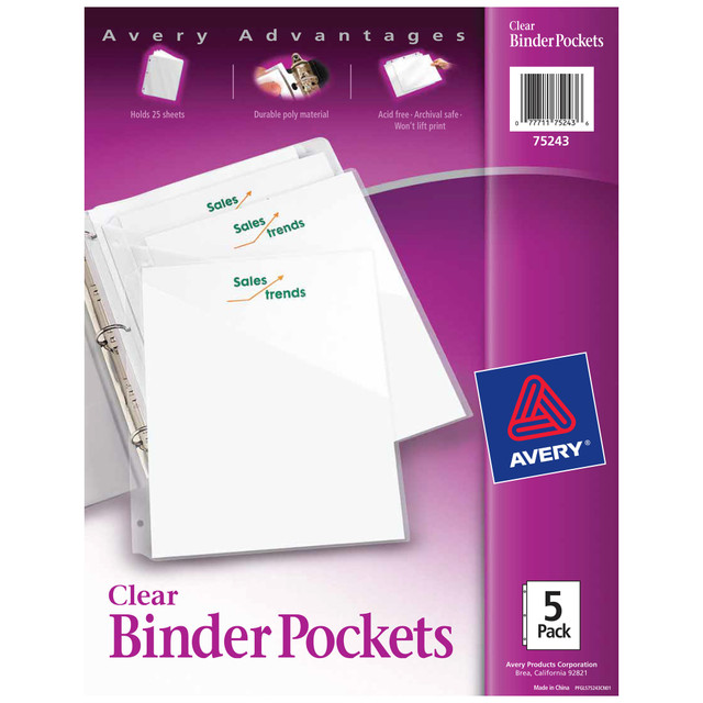 AVERY PRODUCTS CORPORATION 75243 Avery Binder Pockets For 3 Ring Binders, Clear, Pack Of 5 Binder Pockets