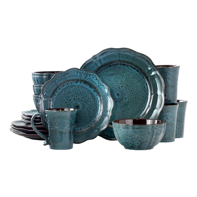 MEGAGOODS, INC. Elama 995112051M  16-Piece Stoneware Dinnerware Set, Lavish Blue