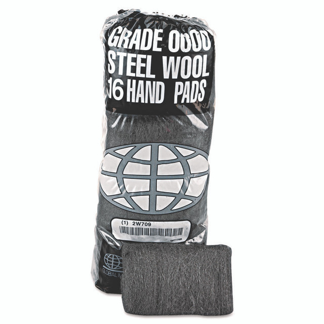 GLOBAL MATERIAL TECHNOLOGIES GMT 117005 Industrial-Quality Steel Wool Hand Pad, #2 Medium Coarse, Steel Gray, 16/Pack, 12 Packs/Carton