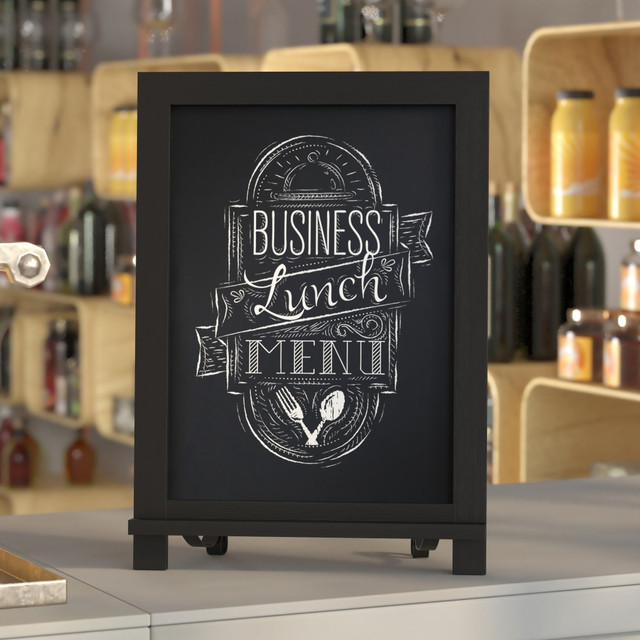 FLASH FURNITURE HFKHDGDIS722315 Canterbury Tabletop Magnetic Chalkboard Sign With Scrolled Legs, Porcelain Steel, 17inH x 12inW x 1-7/8inD, Black Wood Frame FLASH FURNITURE HFKHDGDIS722315 Canterbury Tabletop Magnetic Chalkboard Sign With Scrolled Legs, Porcelain Steel, 17inH x 12inW x 1-7/8inD, Black Wood Frame