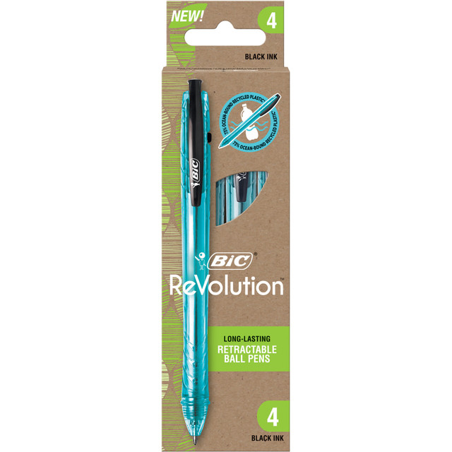 BIC CORP BIC BPRRP41-BLK  ReVolution Ocean-Bound Ball Pens, Medium Point, 1.0 mm, Blue Barrel, Black Ink, Pack Of 4 Pens