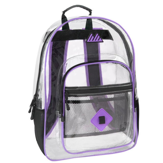 Organize your school supplies inside the roomy Trailmaker clear backpack. Its heavy-duty PVC construction is fully see-through and easy to wipe clean. The main compartment, zippered pockets and side mesh pockets have plenty of room for binders, homework, writing utensils, umbrellas and water bottles.  Heavy-duty PVC design is completely see-through, so you can easily get through security checks.  Carry or hang the bag with the secure-grip rubber handle.  2 side mesh pockets, 1 front zippered pocket, 1 zippered mesh pocket and 1 large main compartment can store all of your essentials.  Mesh slip compartments inside the front section help you organize writing utensils and other small items.  Easy-grip cloth and metal zippers provide extra security.  Rain-resistant design helps keep your items dry.