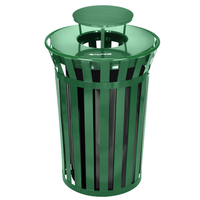 ADIR CORP. ALP479-38-1-GRN Alpine Industries Metal Slatted Outdoor Commercial Trash Can Receptacle With Rain Bonnet Lid And Liner, 38 Gallons, Green