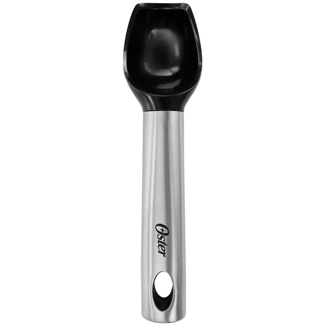 Enjoy a sweet frozen treat with the Oster Baldwyn Ice Cream Scoop. The stainless steel and plastic construction affords durability, while the tapered edge allows for easy scooping.  Durable stainless steel and plastic construction.  Tapered edge scoop for efficiency.  Dishwasher safe.