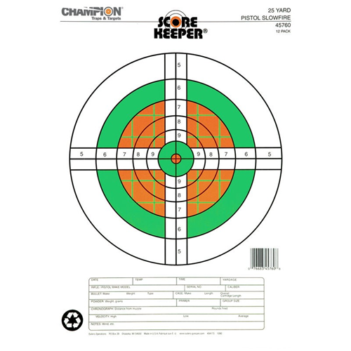 Champion Targets 45760 Champion Targets 45760 Score Keeper Fluorescent Orange & Green Bullseye Target, 25 Yard Pistol Slow Fire, 12 Pack