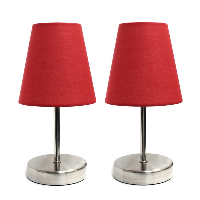 ALL THE RAGES INC Simple Designs LT2013-RED-2PK  Sand Nickel Mini Basic Table Lamp Set with Red Fabric Shades