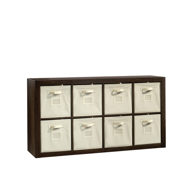 SAUDER WOODWORKING CO. 421547 Sauder Stow-Away 8-Cube Organizer With Fabric Bins, 57-7/8inH x 30-7/8inW x 15-3/8inD, Smoked Oak SAUDER WOODWORKING CO. 421547 Sauder Stow-Away 8-Cube Organizer With Fabric Bins, 57-7/8inH x 30-7/8inW x 15-3/8inD, Smoked Oak