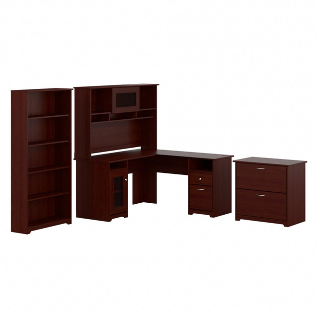 BUSH INDUSTRIES INC. CAB010HVC Bush Business Furniture Cabot 60inW L-Shaped Corner Desk With Hutch, Lateral File And 5-Shelf Bookcase, Harvest Cherry, Standard Delivery BUSH INDUSTRIES INC. CAB010HVC Bush Business Furniture Cabot 60inW L-Shaped Corner Desk With Hutch, Lateral File And 5-Shelf Bookcase, Harvest Cherry, Standard Delivery