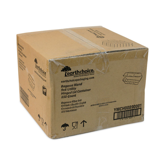 PACTIV EVERGREEN CORPORATION YMCH00890001 EarthChoice Bagasse Hinged Lid Container, Dual Tab Lock, 9.1 x 6.1 x 3.3, Natural, Sugarcane, 150/Carton