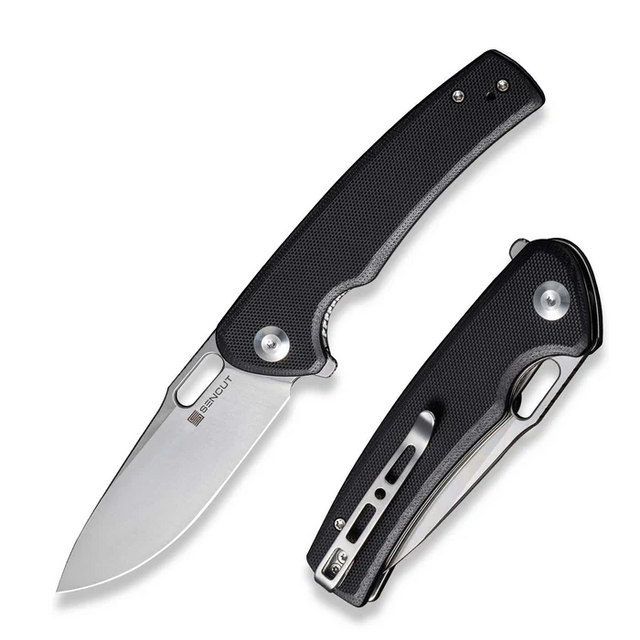 SENCUT S20065-1 Vesperon Flipper/Thumb Hole Folding Knife 3.35"" Satin 9Cr18MoV Drop Point Plain Edge Blade, Black G10 Handle SENCUT S20065-1 Vesperon Flipper/Thumb Hole Folding Knife 3.35"" Satin 9Cr18MoV Drop Point Plain Edge Blade, Black G10 Handle