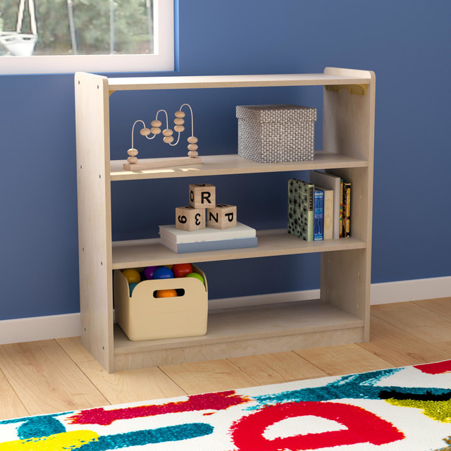 Help students learn how to keep their space tidy with a Flash Furniture Bright Beginnings Commercial Grade Wooden Classroom Open Storage Unit. The dynamic 3-shelf design accommodates books, toys, board games, folders and more.  Made from engineered birch plywood.  Rounded edges prevent abrasions from accidental contact.  Resists yellowing, stains and scratches.  Dynamic 3-shelf design.  Wipe clean with a damp cloth.  Weight capacity tested to support 100 lb.  Assembly required.  Backed by the manufacturer's 3-year limited warranty.