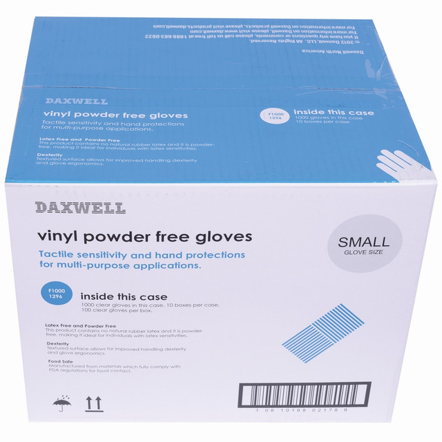 PACKAGING DYNAMICS Daxwell F10001296CT  Vinyl Gloves, Small, Clear, 100 Gloves Per Pack, Box Of 10 Packs