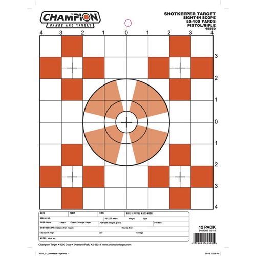 Champion Targets 45550 Champion Targets 45550 Shot Keeper 5 Bullseye Sight-In 100 Yard Pistol/Rifle Targets, Orange, Small, 12 Pack