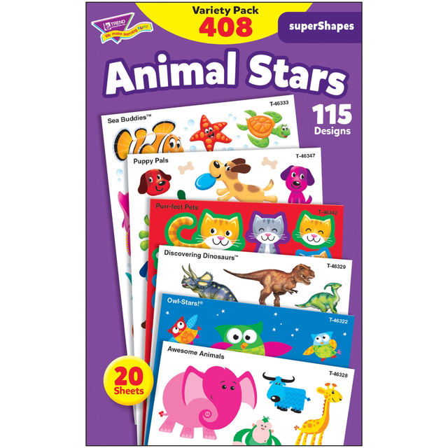 TREND ENTERPRISES INC 46928 Trend Animal Fun Stickers Variety Pack - Fun, Animal Theme/Subject - Sea Buddies, Owl-Stars, Puppy Pals Shape - Photo-safe, Non-toxic, Acid-free - 8in Height x 4.13in Width x 6.63in Length - Multicolor - 408 / Pack