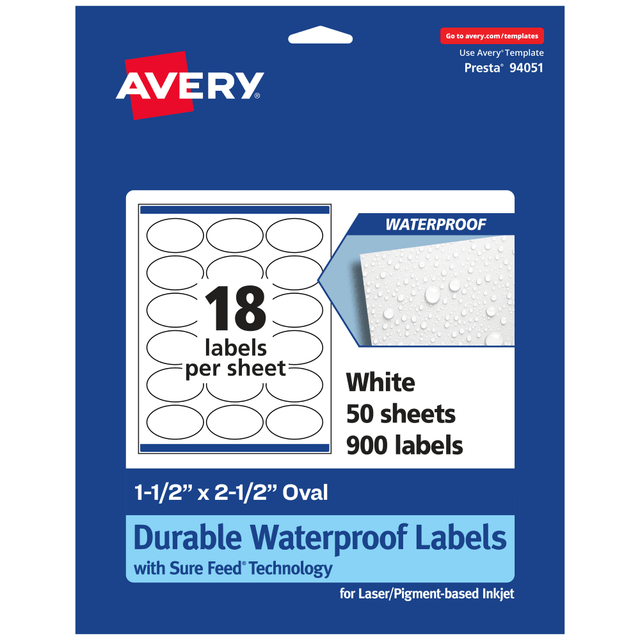 AVERY PRODUCTS CORPORATION 94051-WMF50 Avery Waterproof Permanent Labels With Sure Feed, 94051-WMF50, Oval, 1-1/2in x 2-1/2in, White, Pack Of 900 AVERY PRODUCTS CORPORATION 94051-WMF50 Avery Waterproof Permanent Labels With Sure Feed, 94051-WMF50, Oval, 1-1/2in x 2-1/2in, White, Pack Of 900