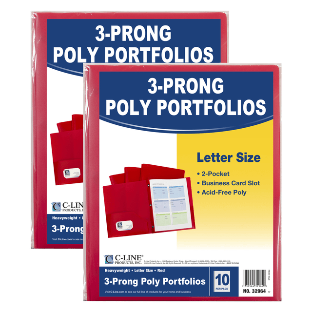 EDUCATORS RESOURCE CLI32964-2 C-Line 2-Pocket Heavyweight Poly Portfolio Folders With Prongs, 8-1/2in x 11in, Red, 10 Folders Per Pack, Set Of 2 Packs